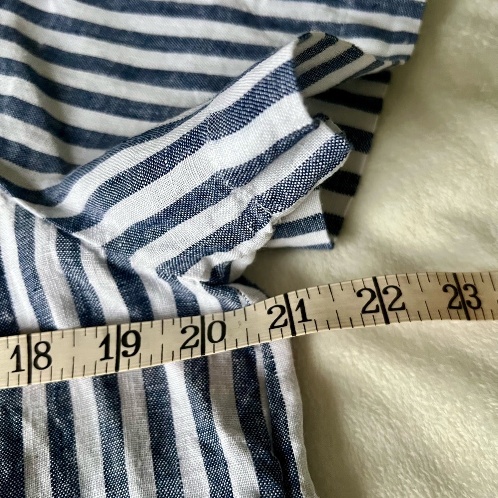 J Crew Flutter Sleeve V Neck Linen Top Navy Blue White Stripes- Size Small - Picture 9 of 12